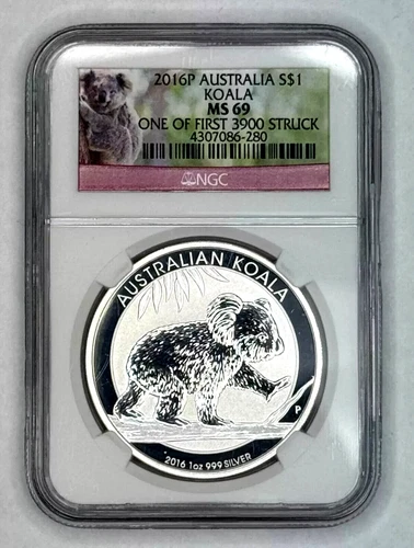 2016 P $1 AUSTRALIA SILVER KOALA NGC MS69 ONE OF FIRST 3900 STRUCK LABEL RARE