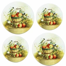 SET OF 4 STEEL STOVETOP BURNER COVERS, (2-10", 2-8"), APPLES BASKET & BIRDS, RLD