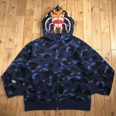 BAPE Double Tiger Shark full zip hoodie Blue camo A Bathing Ape Size 3XL JAPAN