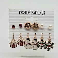6x Christmas Pierced Earrings Stud Dangle Snowman Bows Present Faux Pearl