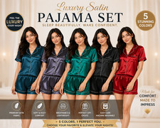 Womens Satin PJ Set Short Sleeve Shirt & Shorts Silky Pyjamas Nightwear XS-L