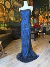 Vintage Black Beaded Mesh Overlay Evening Gown Metallic Blue Y2K Formal