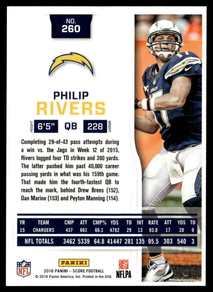 2016 Panini Score Showcase Blue Philip Rivers 66/99 #260 - Image 2 of 2