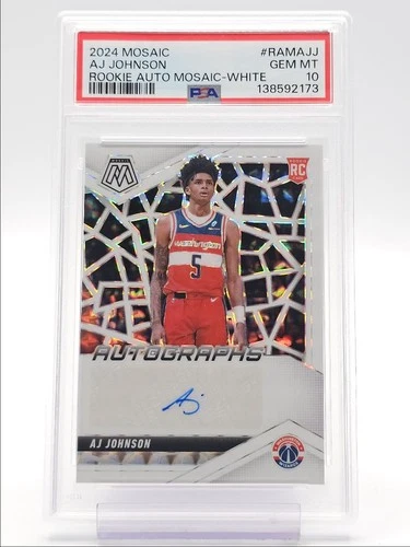 AJ JOHNSON 2024-25 MOSAIC ROOKIE WHITE PRIZM WIZARDS RC AUTO /25 PSA 10 Q2477