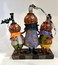 Primitive Folk Art Style Halloween Pumpkin Head Trick Treat Trio Tii Collection