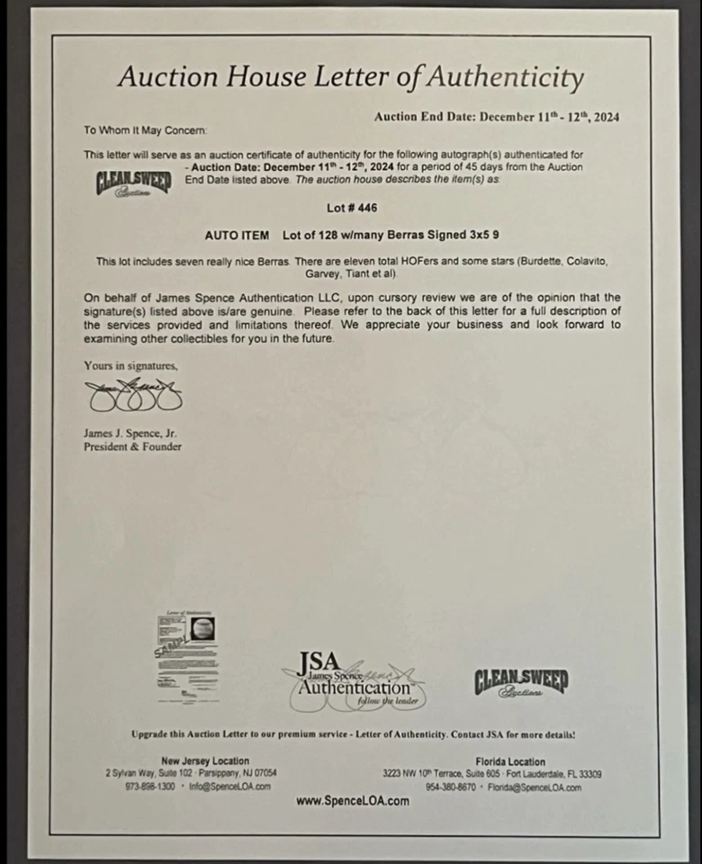 Al Kaline & Harvey Kuenn Signed Index Card JSA LOA - Image 3 of 3