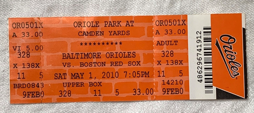 Baltimore Orioles Camden Yard Boston rote Socken Ticket 1. Mai 2010 Modellanzeige - Bild 1 von 2