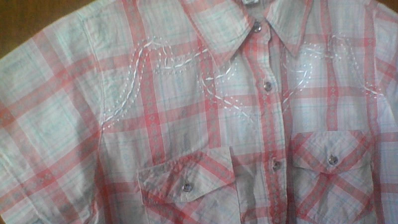 Shyanne CowGirl L EMBROIDERED BLING BUTTON Short Slv Western Shirt Pink/Wht Pony