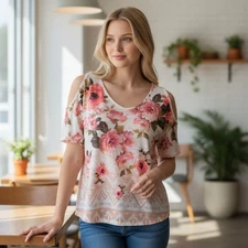 Naif Pink Floral Casual Cold Shoulder Knit Top Size M