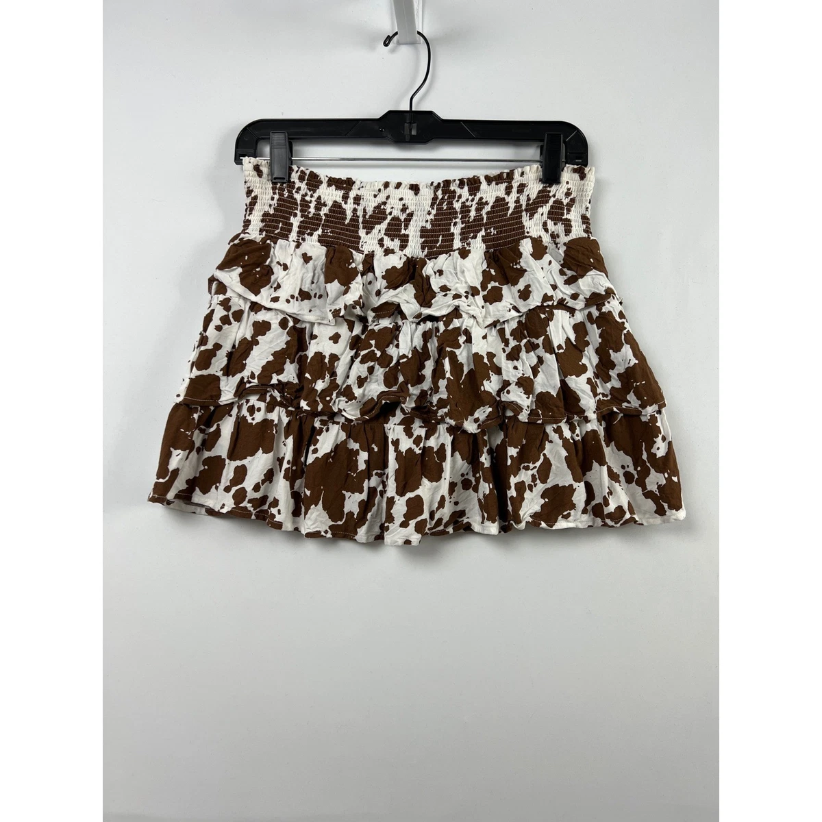 Sincerely Jules Skort Mujer Grande Marrón Estampado de Vaca Volantes en Niveles Calado Mini