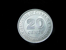 1945 Malaya King George 20 Cents 50% Silver Coin - UNC
