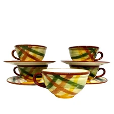 Metlox MCM Vernonware Poppytrail Homespun 4 Coffee Cups/Saucers Sets + Saucer