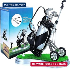 Golf Pen Holder with 3 Club Pens and Movable Golf Cart, Mini Golf Bag Desk Decor