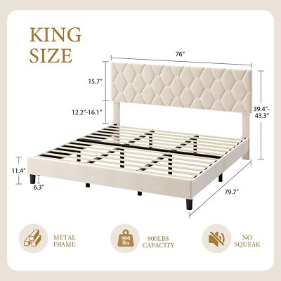 King Size Platform Bed Frame w/ Upholstered Adjustable Headboard Wooden Slats US