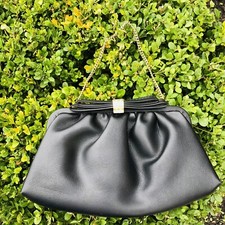 Vintage Black Leather Purse Evening Bag Clutch with Gold Chain