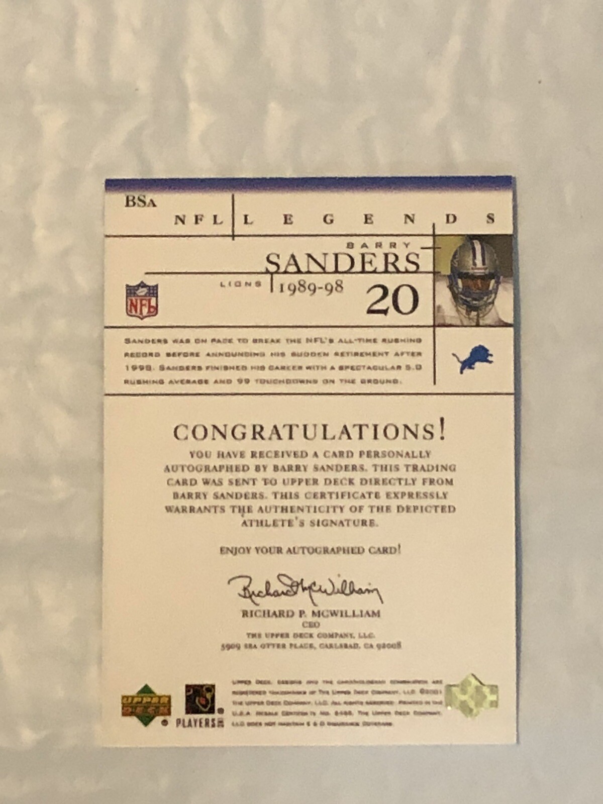 Barry Sanders Upper Deck NFL Legends Signed Card , Detroit Lions Auto