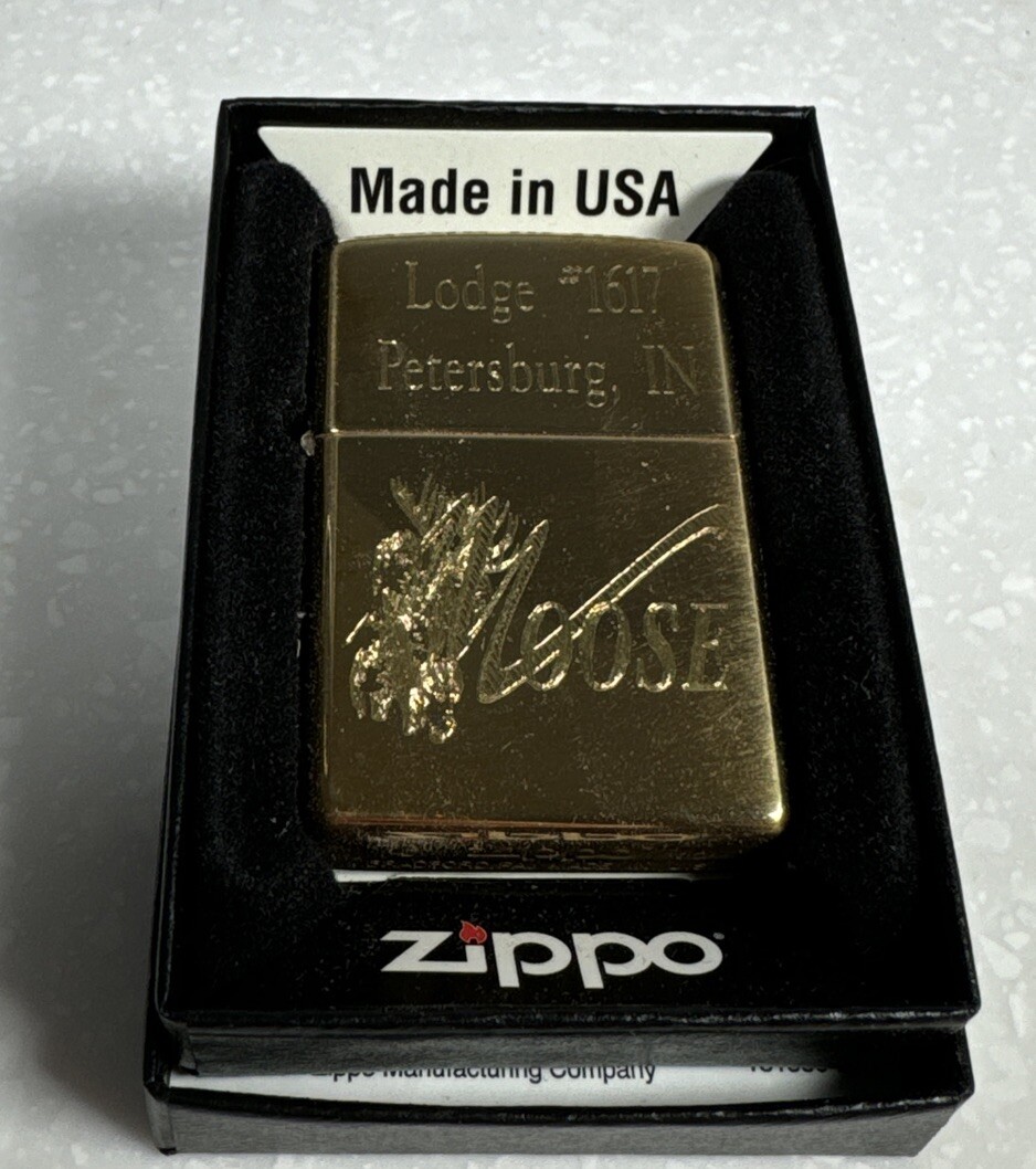 Zippo Brass Lighter Moose Lodge 1617 Petersburg, In Unfired New In Box