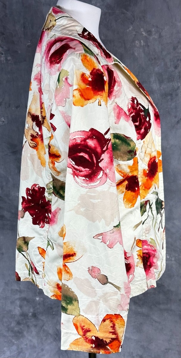 Coldwater Creek Multi Colored Floral Collared Cotton Open Jacket 8