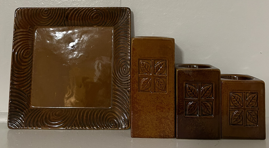 4 Piece Brown Ceramic Tea Light Votive Candle Holder Set w/Tray Vintage