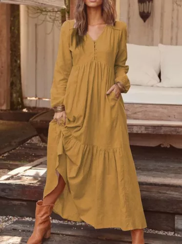 Womens Long Sleeve V-Neck Kaftan Casual Loose Baggy Oversize Maxi Dress Gown - Picture 6 of 17