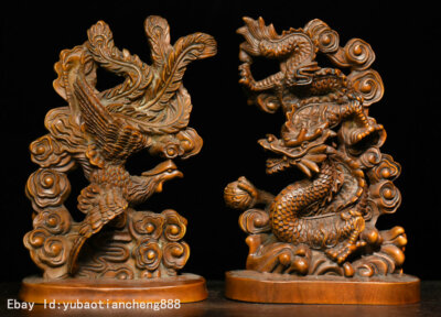 Chinese Folk FengShui Boxwood wood Carving Dragon phoenix God beast Statue Pair