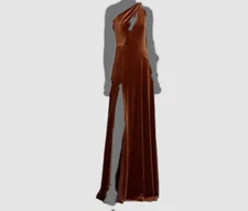 $495 Halston Women's Brown Easton Velvet Keyhole One-Shoulder Gown Dress Size 10