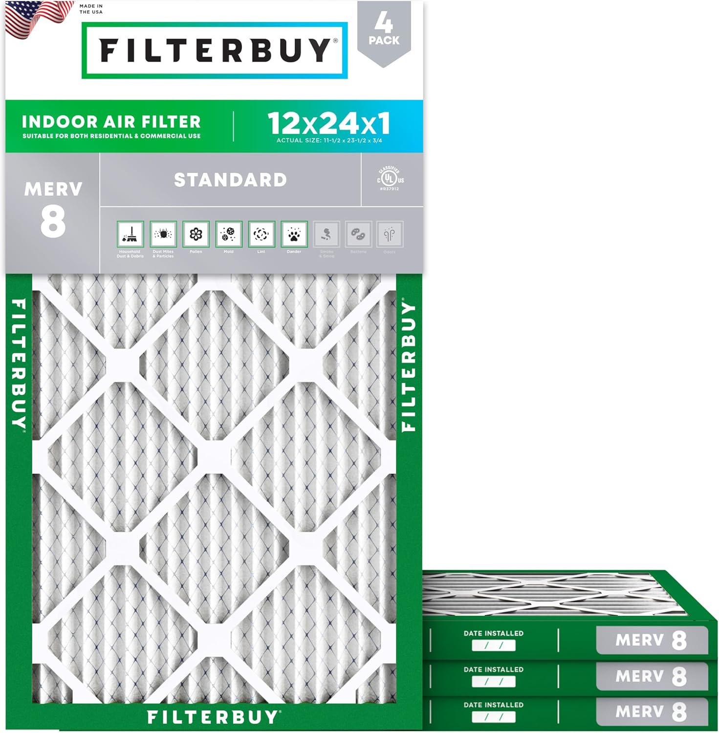 12X24X1 MERV 8 Pleated AC Furnace Air Filter 4-Pack Dust Defense