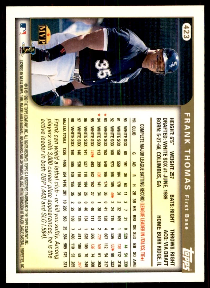 1999 Topps Frank Thomas Baseball Card Chicago White Sox #423 - Image 2 of 2