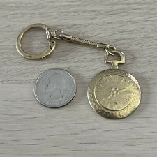 Vintage Pocket Watch Looking Gold Tone Metal Keychain Key Ring 43090