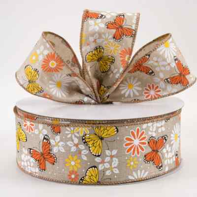 2.5'' Wired Linen Ribbon Butterflies & Flowers Natural 10 Yards