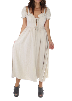 Beige Linen Short Sleeve Bra Front Drawstring Ruched Midi Long Dress Size 6  | eBay