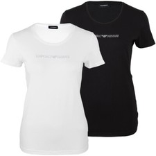 EMPORIO ARMANI Womens Crew Neck T-Shirts White Blue Black Sparkly Logo