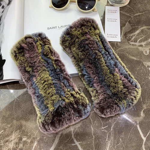 Womens Winter Real Rabbit Fur Gloves Knitted Stretch Fingerless Mitten Gloves - Picture 8 of 102