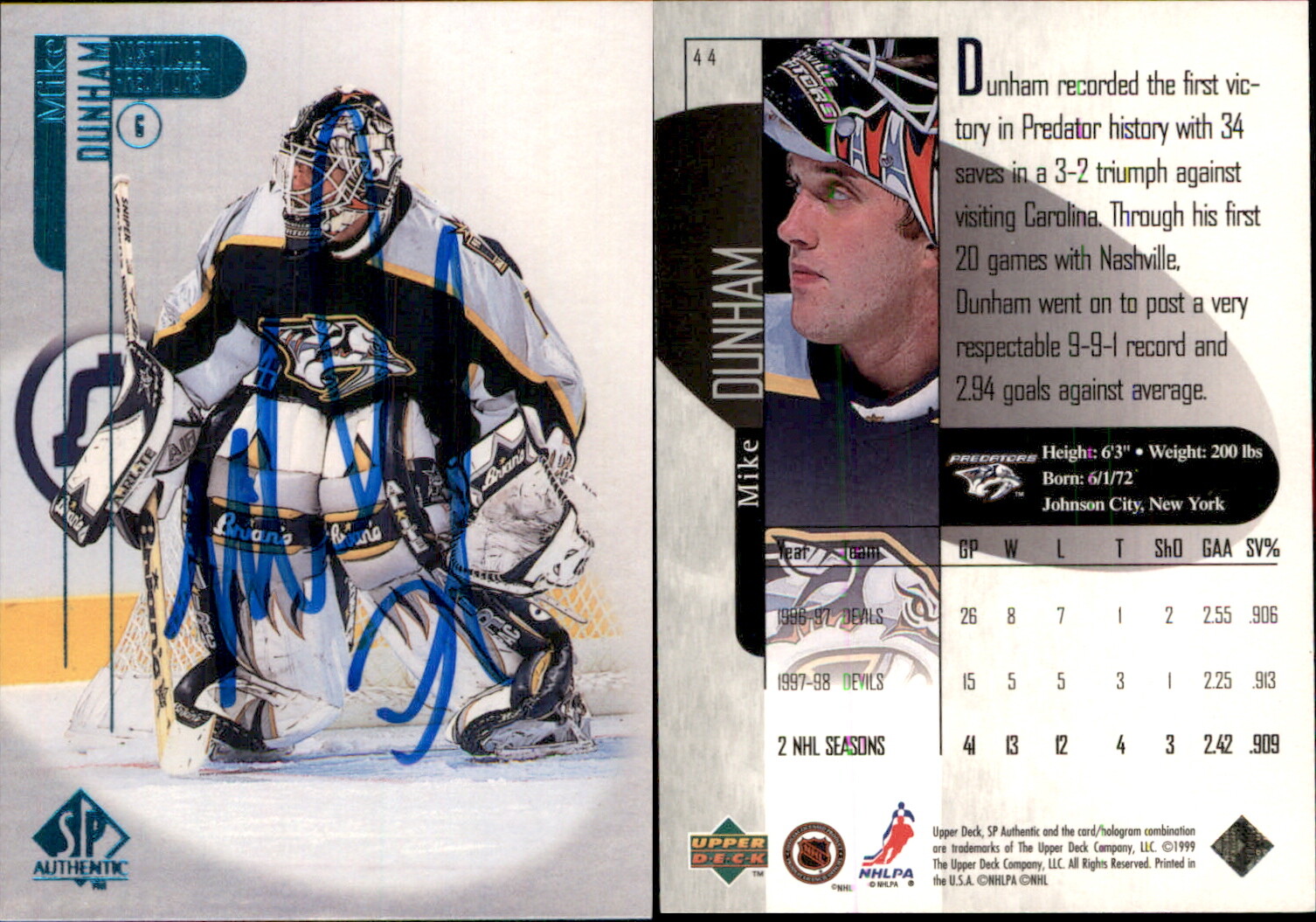 Mike Dunham Signed 1998-99 SP Authentic #44 Card Nashville Predators Auto AU