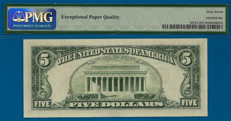 1974 $5 Federal Reserve Note PMG 67EPQ top pop finest Philadelphia Fr 1973-C - Image 3 of 3