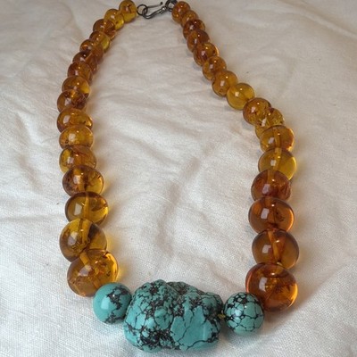 Genuine Baltic Amber & Turquoise Centerpiece Necklace