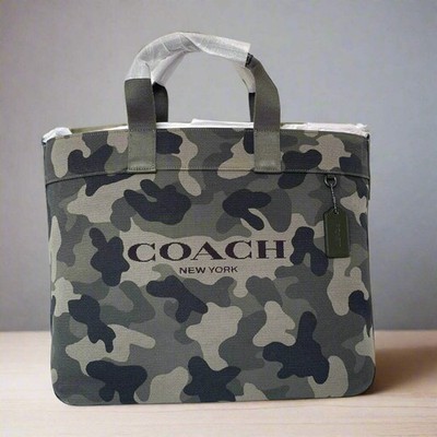 Coach Tote 38 CY805 Large Green Camo Canvas Leather Carryall
