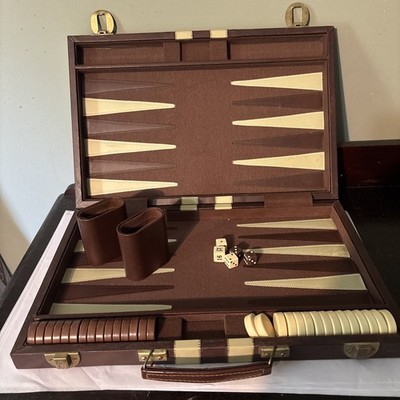 Vintage Backgammon Game Set Faux Leather Brown Case 15x10 NOT Complete Travel