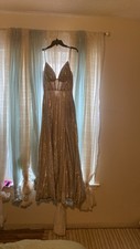 dress: long, silver,  shiny and sleeveless  party/ wedding dress.  Worn once.