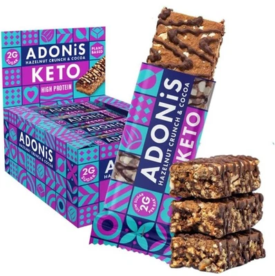 Adonis Hazelnut Crunch & Cocoa Keto Bars 16×45g High Protein Snack BBE01/07/2025