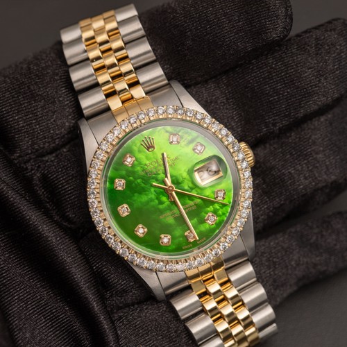 Rolex Datejust 16233 Diamants Biseau Montre 36mm Vert Cadran Mop , 2.10ct - Photo 2 sur 9
