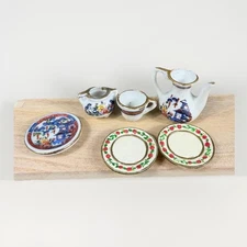 Mini Asian Style Tea Set Dollhouse Decor Teapot Cups Plates Gold Trim