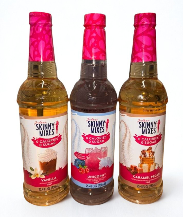 Jordan’s Skinny Mixes 750ml 3 Pack SugarFree Syrup Vanilla Unicorn Caramel Pecan