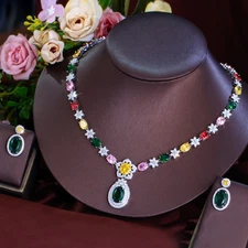 Cute Rainbow Colorful CZ Flower Oval Earring Necklace for Engagement Jewelry Set