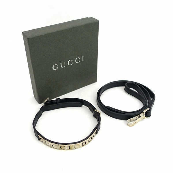 Gucci Collar & Leash Dog Leather Black Silver Metal 049_0412 w/Box