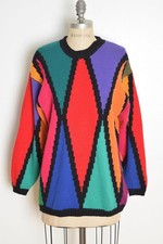 vintage 80s sweater colorful diamond oversized color block jumper top shirt M L