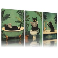 Funny Bathroom Black Cat Wall Art Set of 3, Cute Animal Prints Painting Wall ...