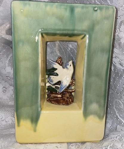 Mccoy Arcature with Bird Green & Yellow Planter or Vase 9” Tall Rectangular 1951