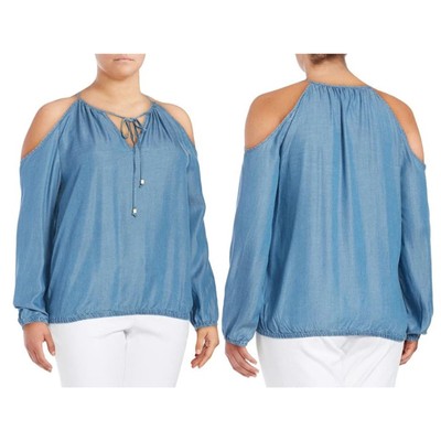 Michael Kors Blouse Womens XL Blue Cold-Shoulder Chambray Top Designer Tunic