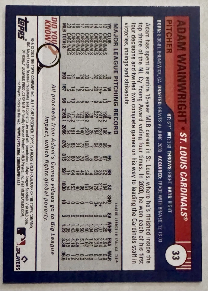 2021 Topps Big League Veterans & Rookies Black & White /50 Adam Wainwright #33 - Image 2 of 2